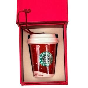 Starbucks Red Cup Tumbler Gift Giving Snow Christmas Ornament Boxed 2017